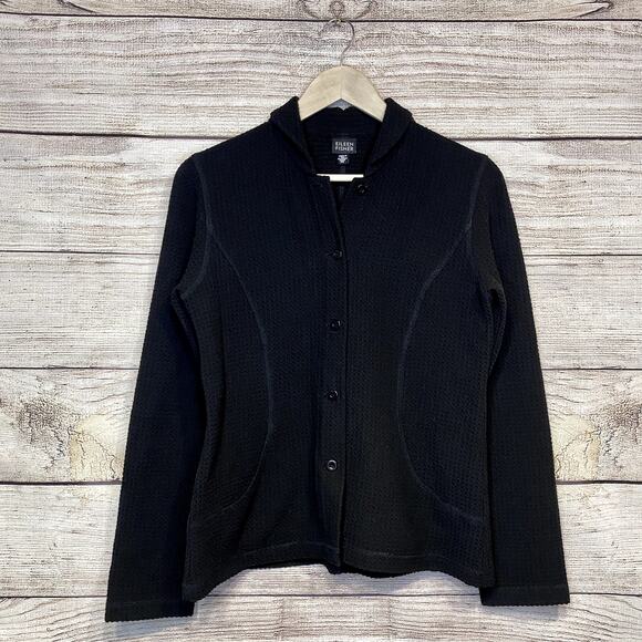 Eileen Fisher Black Waffle Knit Thermal Button Down Jacket Size XS Lightweight - Picture 1 of 5